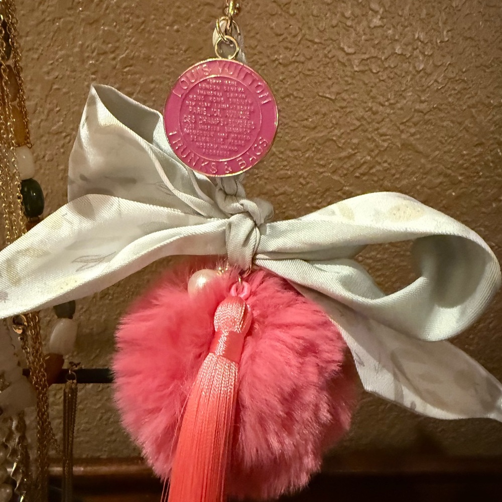 Pink Fluffy Pom Pom Keychain with Tassel with Louis Vuitton authentic pink Charm